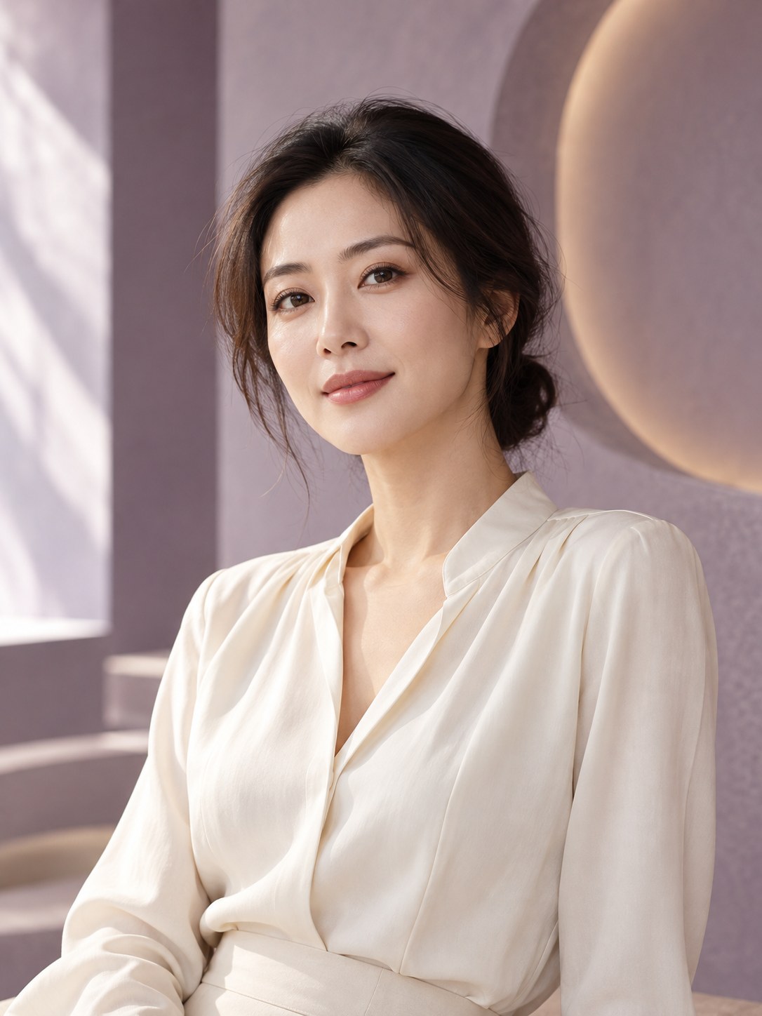 环球国际美容医院网站形象图：柔和光影中的成熟女性，AI生成示意